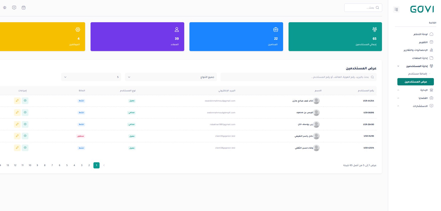 عرض المستخدمين — 65 مستخدم مع إحصائيات